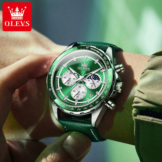 Hector Chrono Watch – Green Dial, Multifunctional & Waterproof Leather Design
