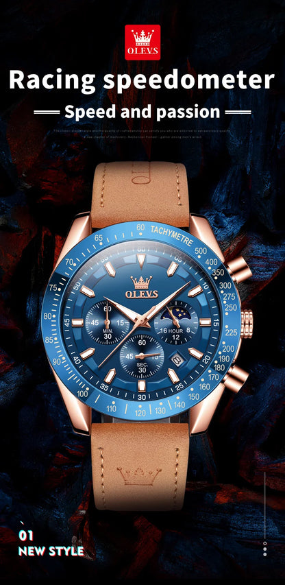 Odysseus Moonphase Watch – Brown Leather, Luminous Dial & Waterproof Design