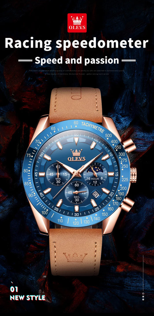 Odysseus Moonphase Watch – Brown Leather, Luminous Dial & Waterproof Design
