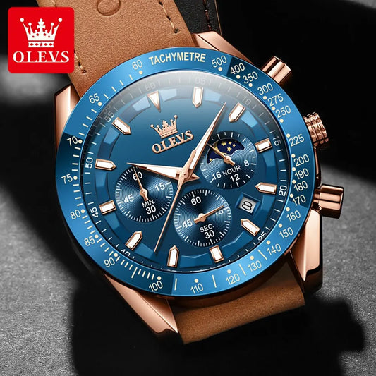 Odysseus Moonphase Watch – Brown Leather, Luminous Dial & Waterproof Design