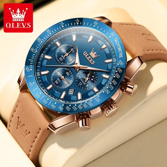 Odysseus Moonphase Watch – Brown Leather, Luminous Dial & Waterproof Design