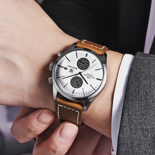 Hector Chrono Watch – 100M Waterproof, Leather Strap & Military Precision