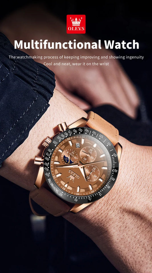 Odysseus Moonphase Watch – Brown Leather, Luminous Dial & Waterproof Design