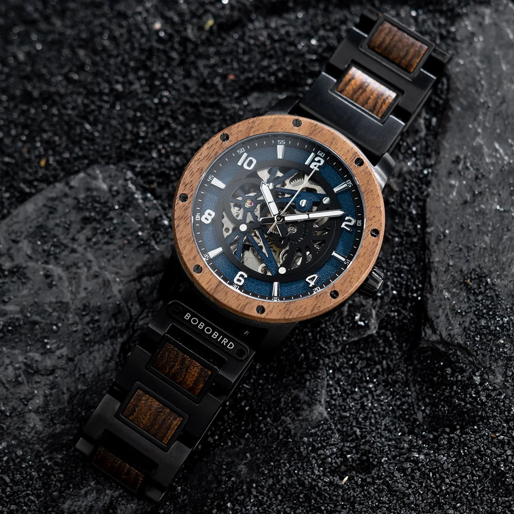 Heraclitus Wooden Watch – Mechanical Skeleton, Engraved Elegance & Luxury Gift