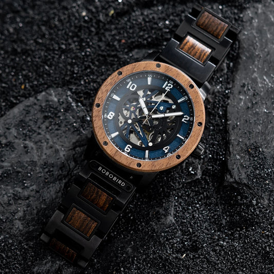 Heraclitus Wooden Watch – Mechanical Skeleton, Engraved Elegance & Luxury Gift