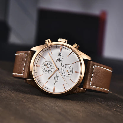 Hector Chrono Watch – 100M Waterproof, Leather Strap & Military Precision