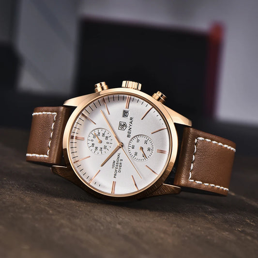 Hector Chrono Watch – 100M Waterproof, Leather Strap & Military Precision