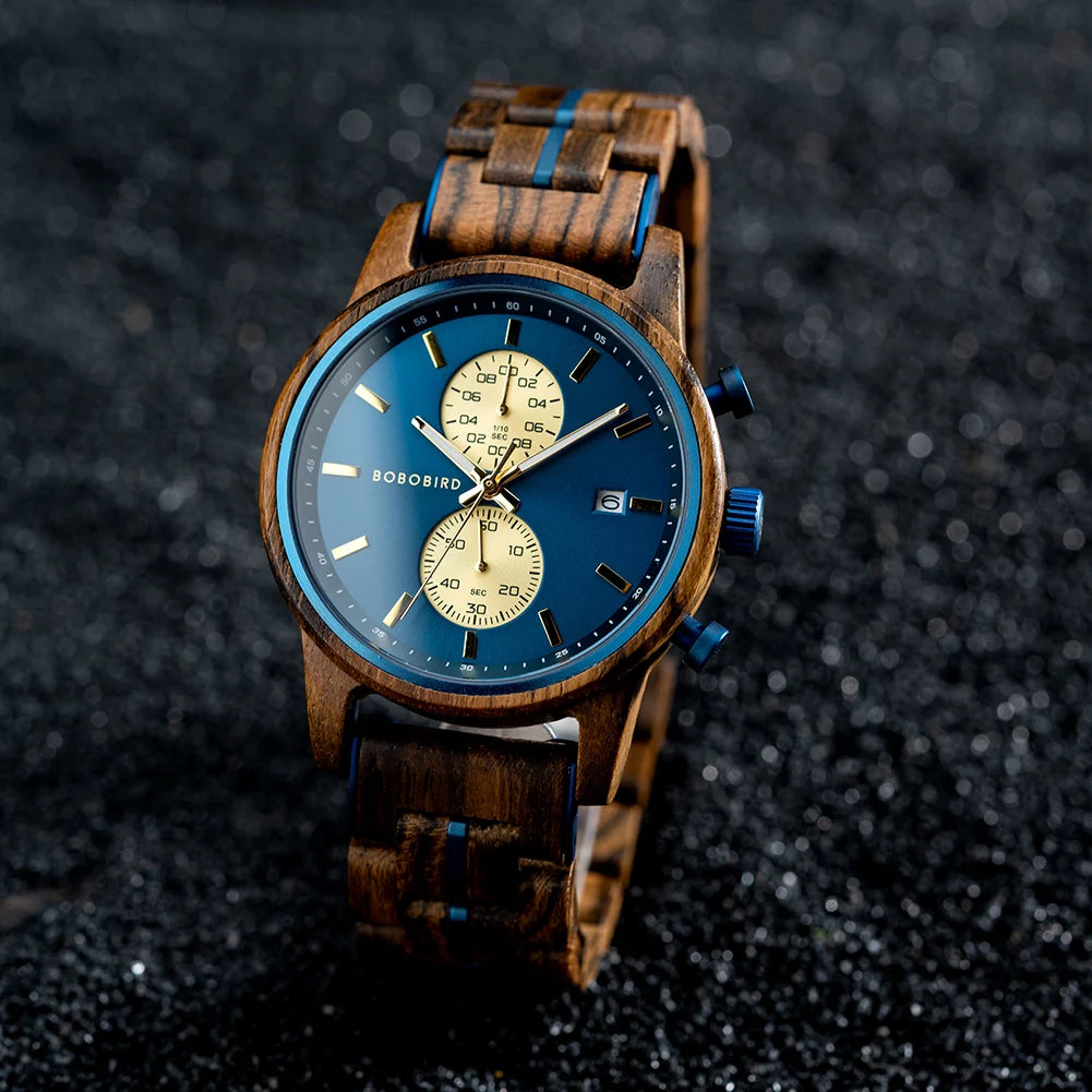 Themistocles Wooden Watch – Chronograph Quartz, Engraved & Date Display
