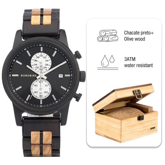 Themistocles Wooden Watch – Chronograph Quartz, Engraved & Date Display