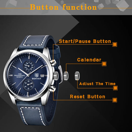 Hector Chrono Watch – 100M Waterproof, Leather Strap & Military Precision