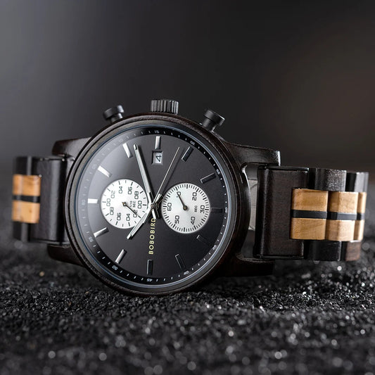 Themistocles Wooden Watch – Chronograph Quartz, Engraved & Date Display