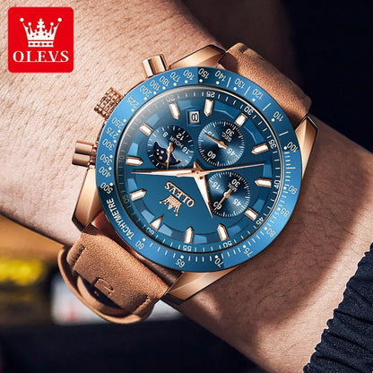 Odysseus Moonphase Watch – Brown Leather, Luminous Dial & Waterproof Design