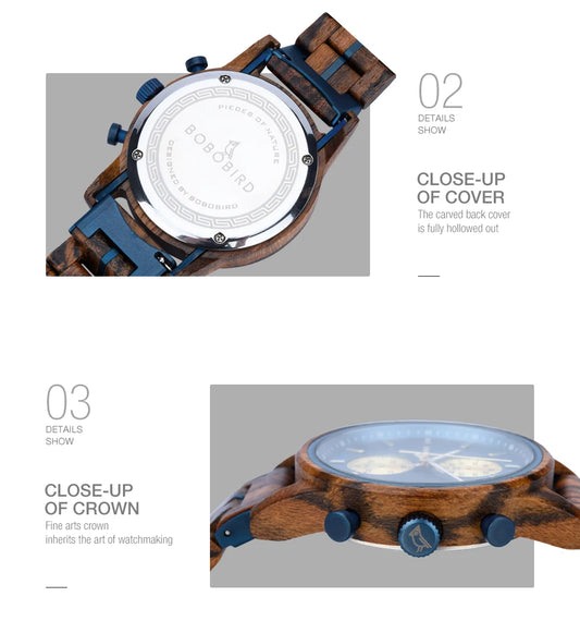 Themistocles Wooden Watch – Chronograph Quartz, Engraved & Date Display