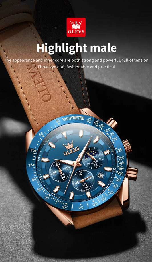 Odysseus Moonphase Watch – Brown Leather, Luminous Dial & Waterproof Design