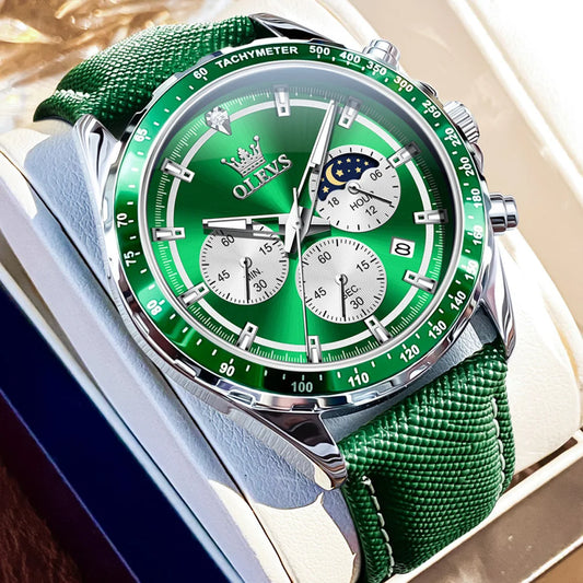 Hector Chrono Watch – Green Dial, Multifunctional & Waterproof Leather Design