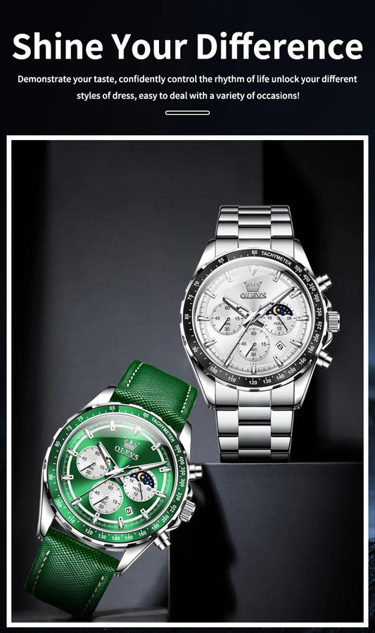 Hector Chrono Watch – Green Dial, Multifunctional & Waterproof Leather Design