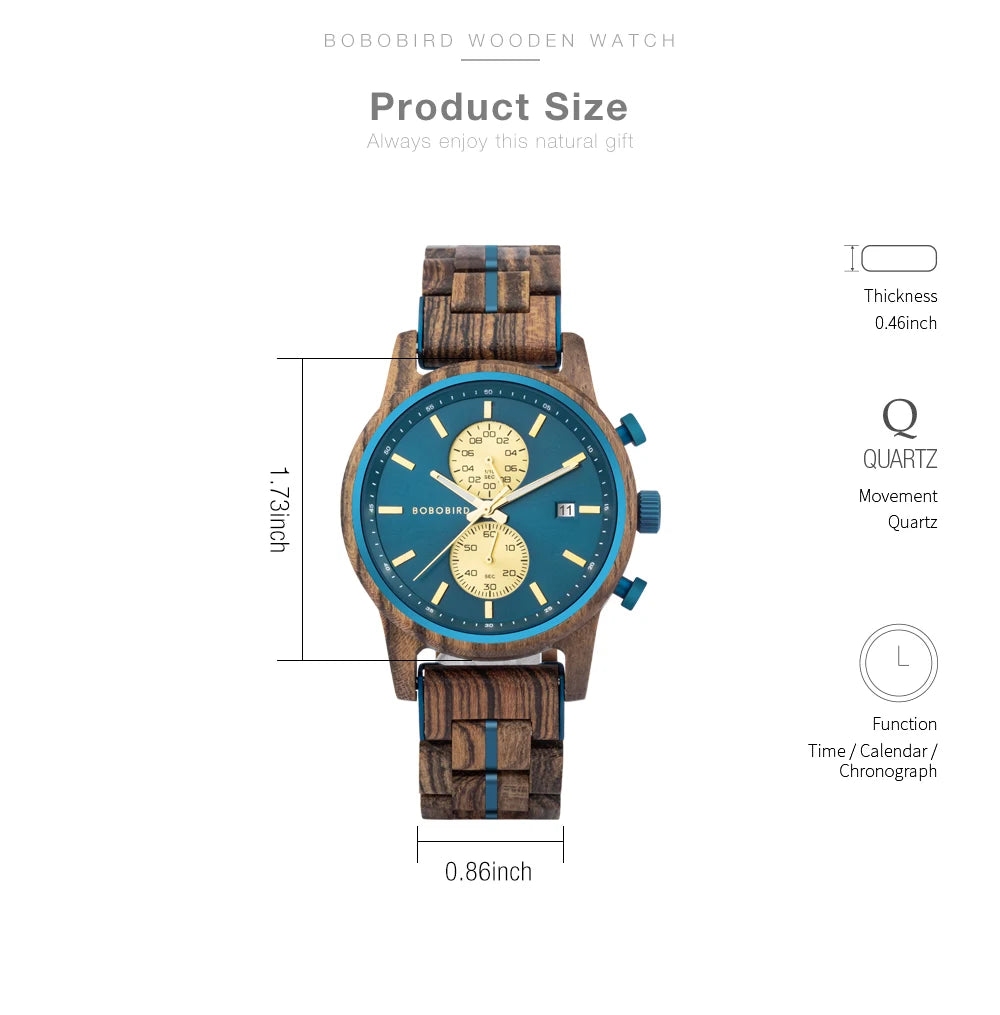 Themistocles Wooden Watch – Chronograph Quartz, Engraved & Date Display