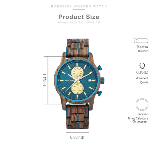 Themistocles Wooden Watch – Chronograph Quartz, Engraved & Date Display