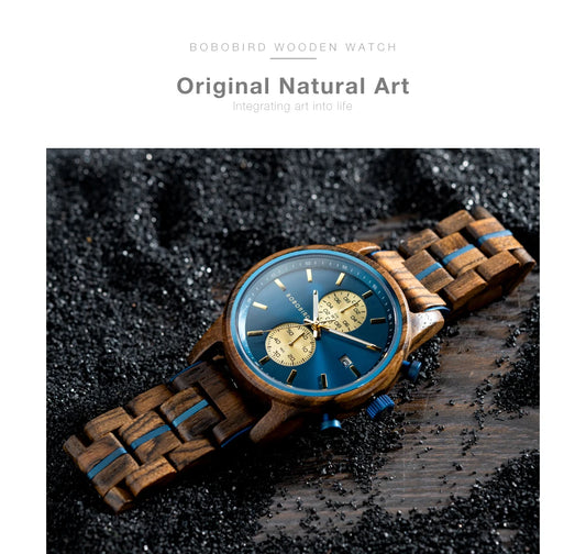 Themistocles Wooden Watch – Chronograph Quartz, Engraved & Date Display