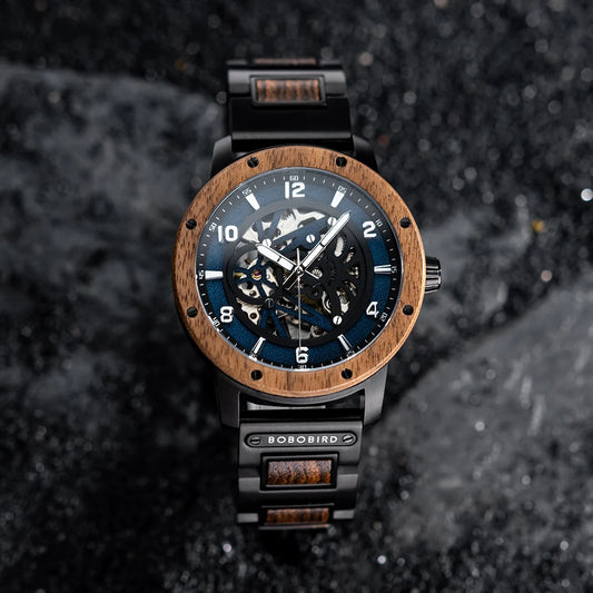 Heraclitus Wooden Watch – Mechanical Skeleton, Engraved Elegance & Luxury Gift