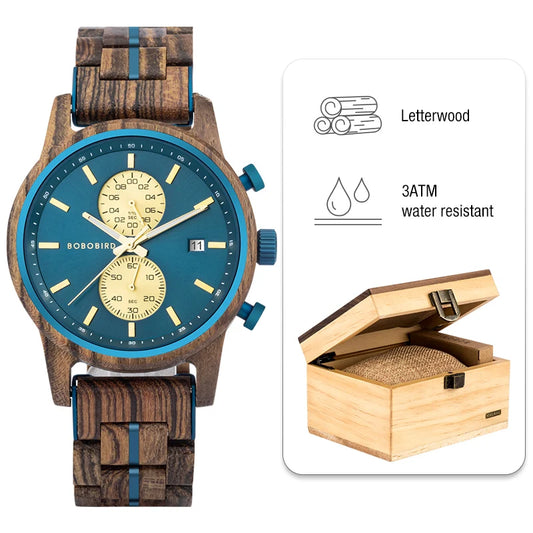 Themistocles Wooden Watch – Chronograph Quartz, Engraved & Date Display