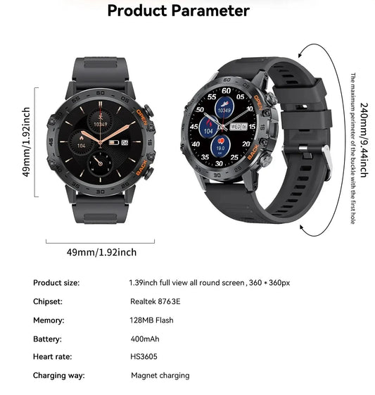 1.39" Bluetooth Smartwatch für Männer – Fitness, Herzfrequenz, Gesundheitsmonitoring, Android & IOS.
