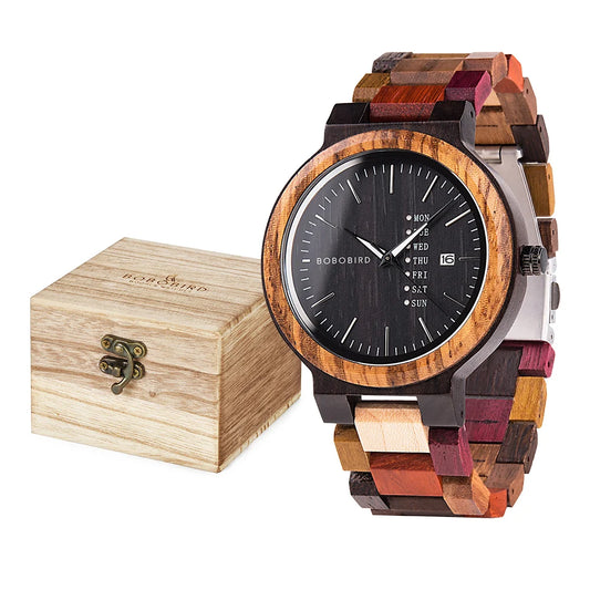 Orpheus Wooden Watch – Colorful Quartz, Week Date & Couple’s Gift