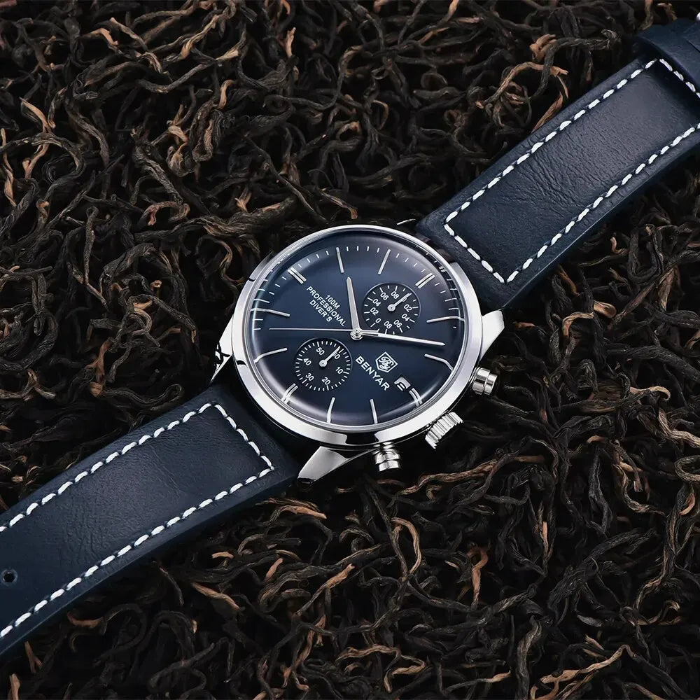 Hector Chrono Watch – 100M Waterproof, Leather Strap & Military Precision
