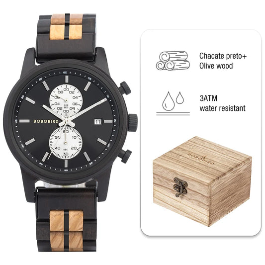 Themistocles Wooden Watch – Chronograph Quartz, Engraved & Date Display