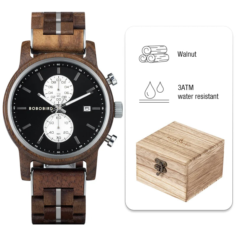 Themistocles Wooden Watch – Chronograph Quartz, Engraved & Date Display