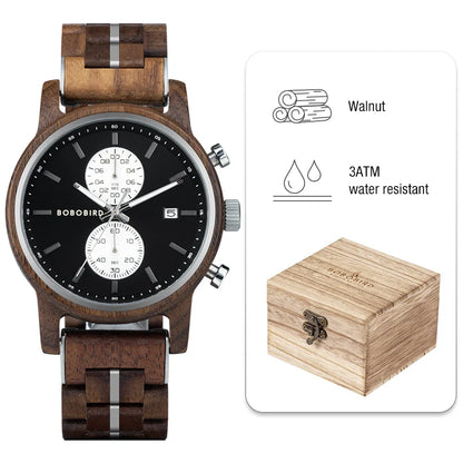 Themistocles Wooden Watch – Chronograph Quartz, Engraved & Date Display