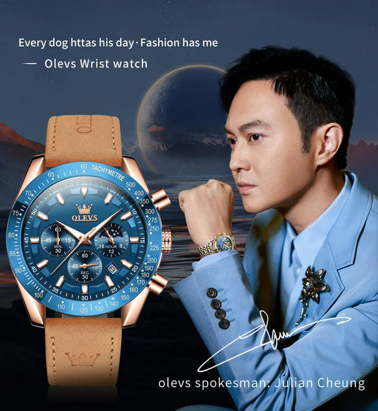 Odysseus Moonphase Watch – Brown Leather, Luminous Dial & Waterproof Design