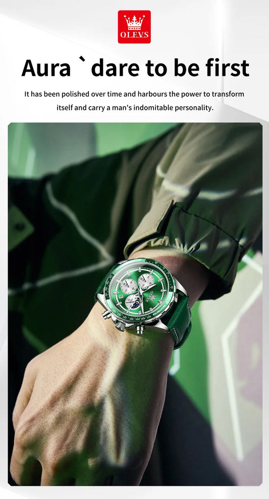 Hector Chrono Watch – Green Dial, Multifunctional & Waterproof Leather Design