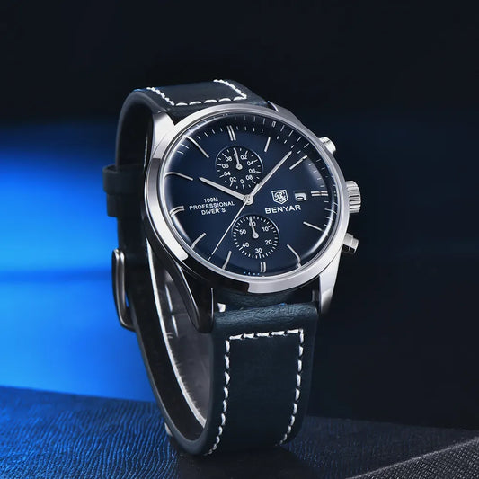 Hector Chrono Watch – 100M Waterproof, Leather Strap & Military Precision