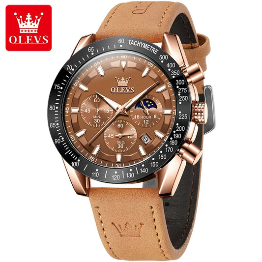 Odysseus Moonphase Watch – Brown Leather, Luminous Dial & Waterproof Design