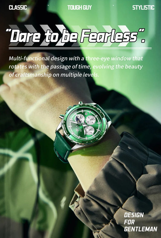 Hector Chrono Watch – Green Dial, Multifunctional & Waterproof Leather Design