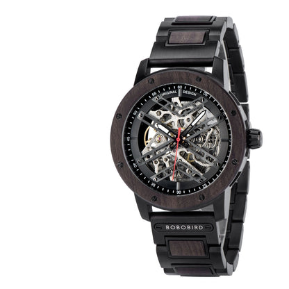Heraclitus Wooden Watch – Mechanical Skeleton, Engraved Elegance & Luxury Gift