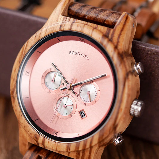 Nefertiti Wooden Watch – Luxury Chronograph, Auto Date & Quartz Elegance
