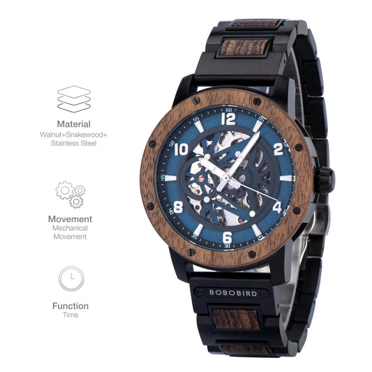 Heraclitus Wooden Watch – Mechanical Skeleton, Engraved Elegance & Luxury Gift