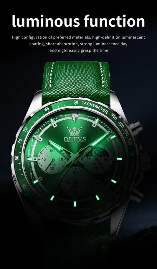 Hector Chrono Watch – Green Dial, Multifunctional & Waterproof Leather Design