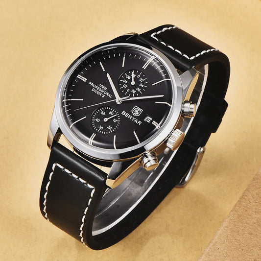 Hector Chrono Watch – 100M Waterproof, Leather Strap & Military Precision