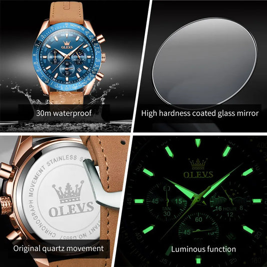 Odysseus Moonphase Watch – Brown Leather, Luminous Dial & Waterproof Design
