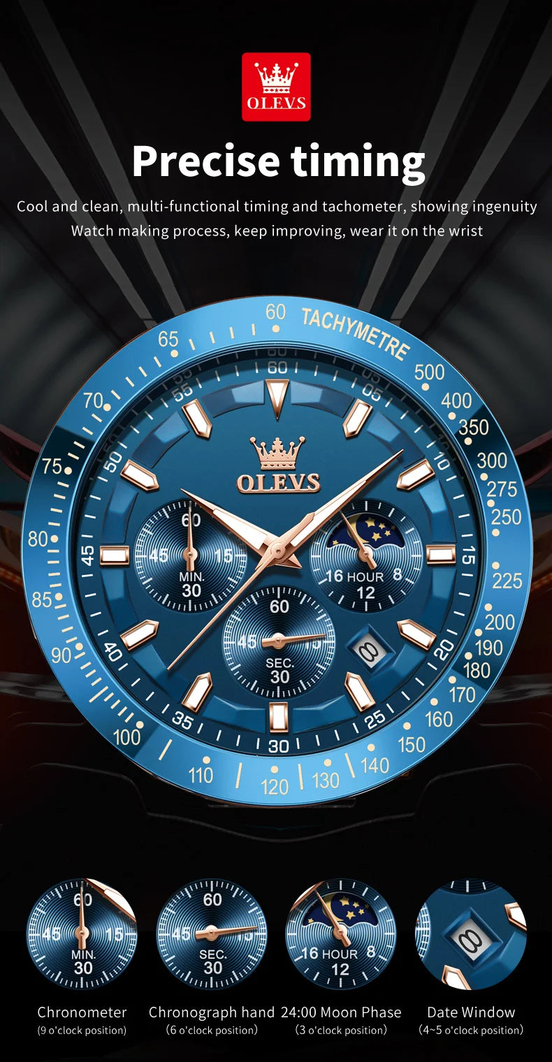 Odysseus Moonphase Watch – Brown Leather, Luminous Dial & Waterproof Design
