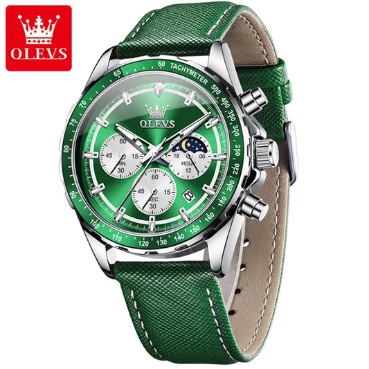 Hector Chrono Watch – Green Dial, Multifunctional & Waterproof Leather Design