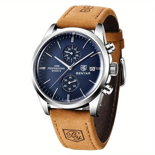 Hector Chrono Watch – 100M Waterproof, Leather Strap & Military Precision