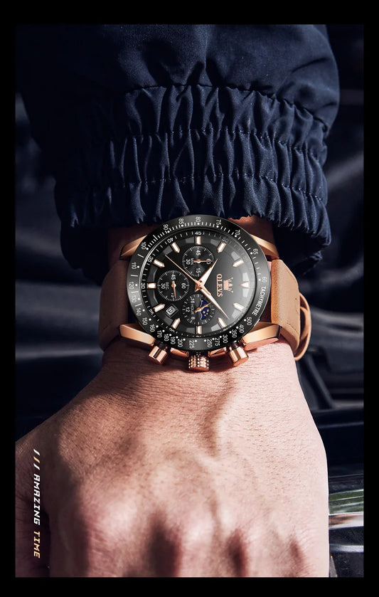 Odysseus Moonphase Watch – Brown Leather, Luminous Dial & Waterproof Design