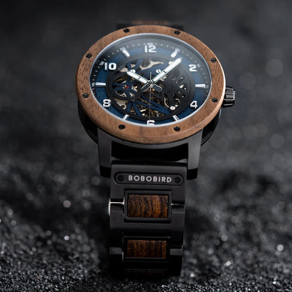Heraclitus Wooden Watch – Mechanical Skeleton, Engraved Elegance & Luxury Gift