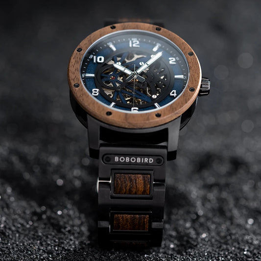 Heraclitus Wooden Watch – Mechanical Skeleton, Engraved Elegance & Luxury Gift