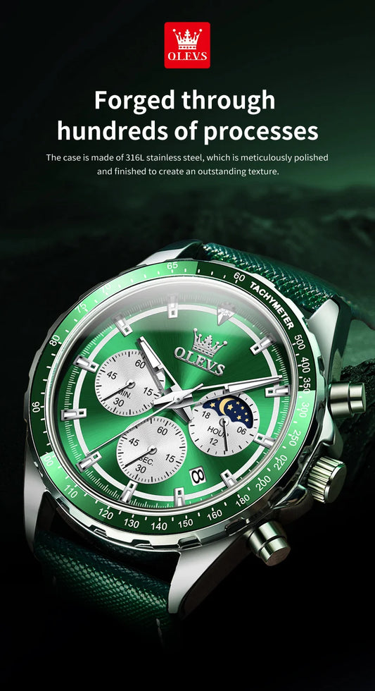 Hector Chrono Watch – Green Dial, Multifunctional & Waterproof Leather Design