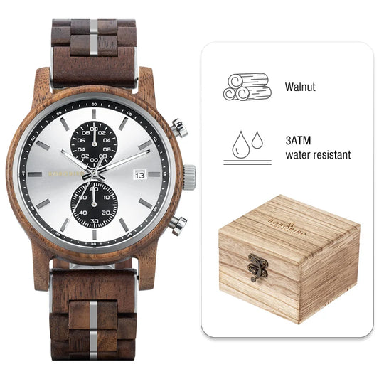 Themistocles Wooden Watch – Chronograph Quartz, Engraved & Date Display